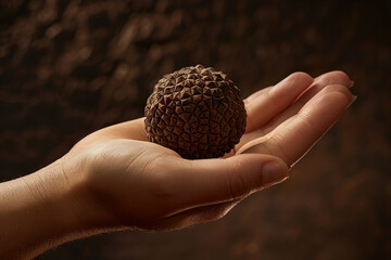 A hand cradling a gourmet truffle, with the intricate textures and unique shape of the truffle in...