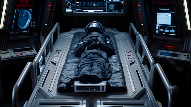 An astronaut lying in a state of hyper sleep inside a chamber aboard an advanced spacecraft with illuminated control panels.
