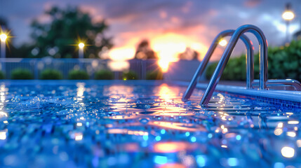 Summers Blue Tranquility, Sunlit Pool Amidst Lush Garden, Peaceful Retreat in Natures Lap - obrazy, fototapety, plakaty
