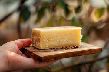 A hand elegantly holding a piece of aged, artisan cheese on a wooden board, with the texture and rich color of the cheese in sharp focus