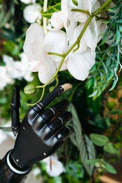 Robotic Bionic Hand touches flower.