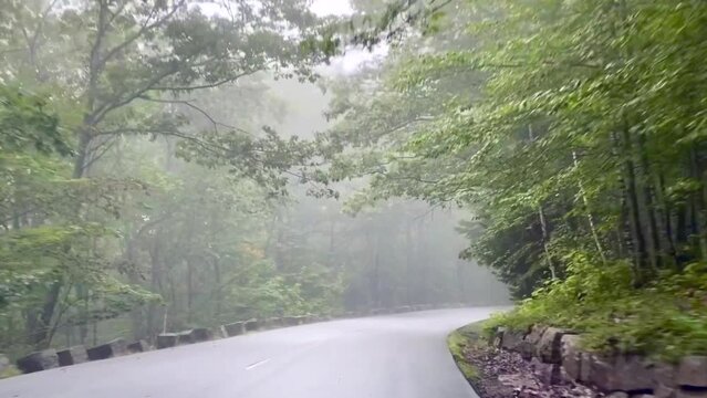 Driving in Acadia National Park in Maine on a foggy day. Point of View (POV) from car on Park Loop Road around the east side of Mount Desert Island.