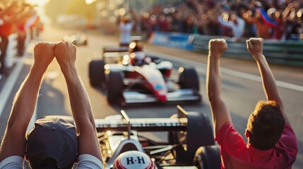 Sport enthusiasts putting on a positive attitude. Driving on roadways during the day, Formula One racing cars compete outdoors. - obrazy, fototapety, plakaty