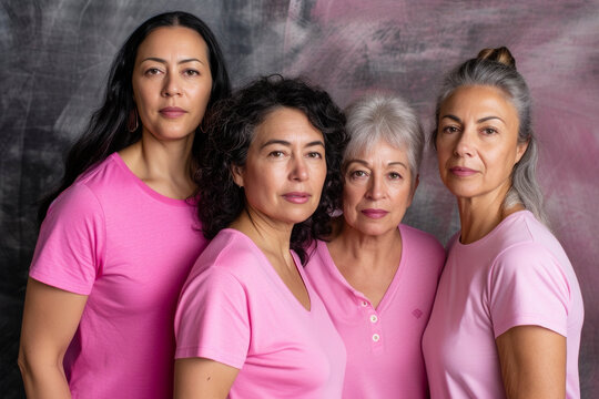 four women of different ages and ethnicities, wearing pink t-shirts,