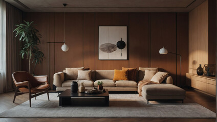 Warm-toned minimalism defines the cozy ambiance of this contemporary apartment. - obrazy, fototapety, plakaty