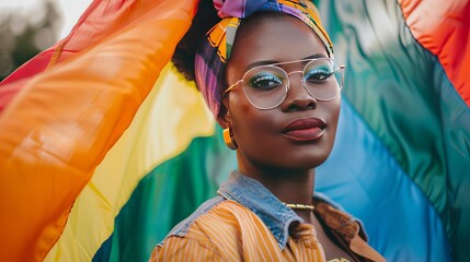 Chic African American woman in current attire, with colorful spectacles and a flag, glancing at the camera amid festivities
