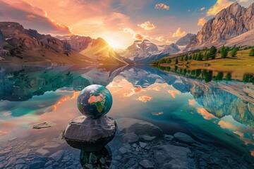 A captivating image of a globe set against the backdrop of a breathtaking mountain range, with a crystal-clear lake in the foreground reflecting the entire scene.