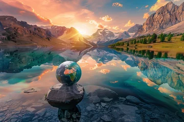 Papier Peint photo Réflexion A captivating image of a globe set against the backdrop of a breathtaking mountain range, with a crystal-clear lake in the foreground reflecting the entire scene.