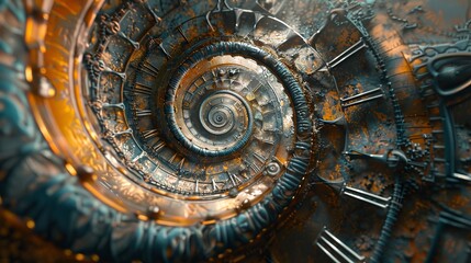 Abstract fractal spiral in three dimensions, featuring an ancient old clock and a surreal infinity time spiral in space. Concept of time travel