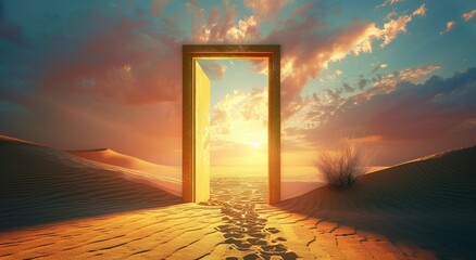 Opened door on desert. Unknown and start up concept. This is a 3d illustration 