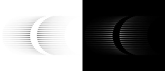 Modern abstract background with halftone dots in lines. Design element or icon. Black shape on a white background and the same white shape on the black side.