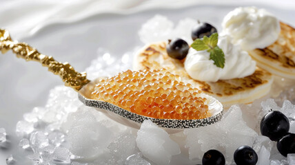 A luxurious serving of caviar, presented on a mother-of-pearl spoon atop a bed of crushed ice, with blinis and cr??me fra?(R)che on the side, showcased on a 