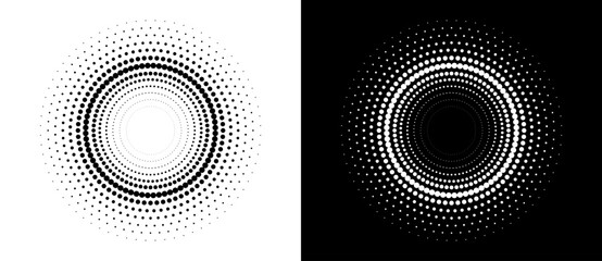 Modern abstract background. Halftone dots in circle form. Spiral logo, icon or design element. Black dots on a white background and white dots on the black side.