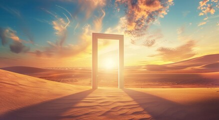  Opened door on desert. Unknown and start up concept. This is a 3d illustration 