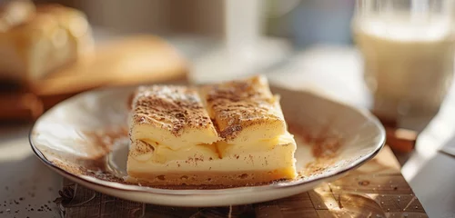 Foto op Plexiglas A meticulously arranged plate of melktert slices, the creamy filling contrasted with a sprinkle of dark cinnamon, evoking warmth and comfort © Riffat