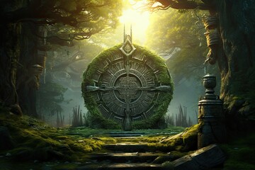Stunning portal adorned with Viking rune, forest landscape
