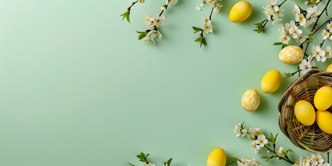 Happy Easter. Congratulatory easter background. Easter eggs and flowers. Table background and easter time