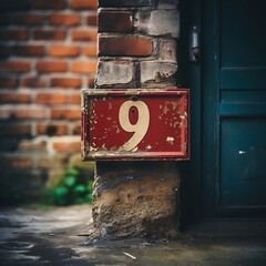 Red and White Number 9 on Brick Building
