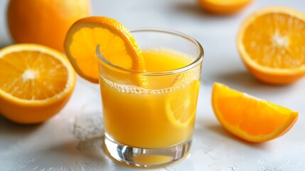 A glass of refreshing orange juice with slices, on a white surface