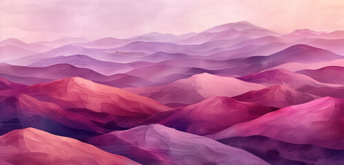 A digital watercolor vista of a desert with flowing burgundy sands beneath a soft violet dusk sky - obrazy, fototapety, plakaty