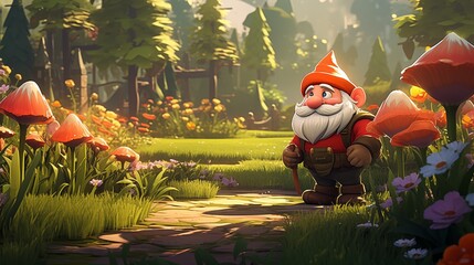 A garden gnome stands guard in a lush garden - obrazy, fototapety, plakaty