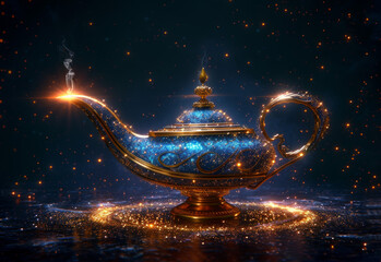 Magic lamp Aladdin. Magical shining golden lamp with rising magic dust with shimmering glitter particles. Genie comes out of the bottle. Generative AI © Serge