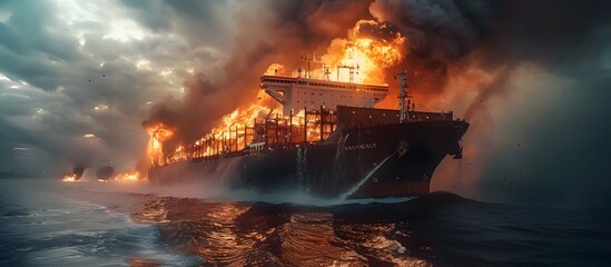 Cargo Ship on Fire at Ocean in the Night - obrazy, fototapety, plakaty