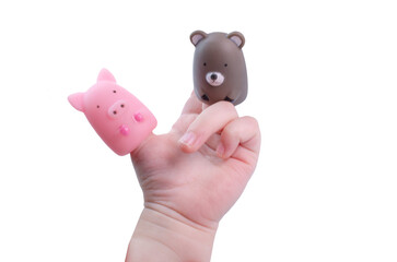 Child hand playing puppets fingers Animal finger puppet Pig Bear Educational toys Montessori...