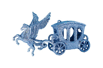 Obraz premium Silver pegasus Winged horse drives carriage isolated on white Christmas element Winter mood Shining decoration New year