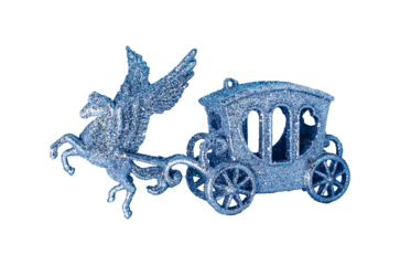Silver pegasus Winged horse drives carriage  isolated on white Christmas element Winter mood Shining decoration New year