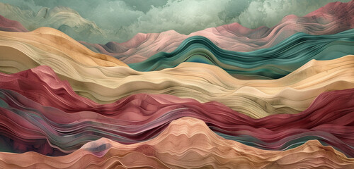 A digital watercolor depiction of a desert landscape with swirling burgundy sands beneath a muted emerald dusk sky - obrazy, fototapety, plakaty