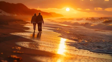 Rolgordijnen Couple Walking at Sunset Beach in Hyper-Realistic Style © kiatipol
