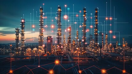 Digital Oil Industry at Sunset in Futuristic Style, To provide a visually striking and relevant image for stock photo platforms, showcasing the