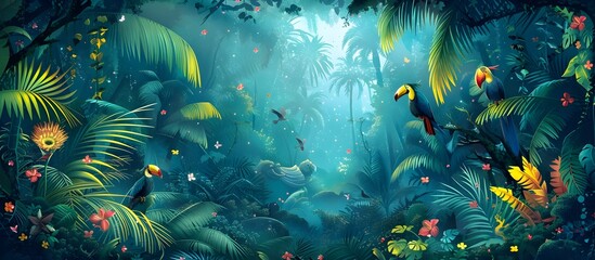 Fototapeta na wymiar Dreamlike Jungle Wallpaper with Tropical Bird and Vibrant Plants