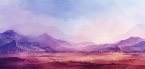 A digital watercolor vista of a desert with fine burgundy sands beneath a light periwinkle dusk sky - obrazy, fototapety, plakaty