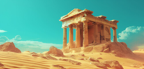 A dilapidated Greek temple with crumbling pillars, enveloped by golden sand dunes under a turquoise sky