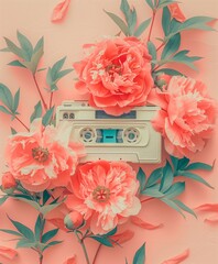 Vintage audio cassette with Peony flowers. Springtime, fresh music background. - 753812455
