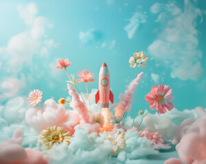Toy space rocket launching with spring flowers exploding underneath. Eco friendly rocket fuel conceptual background. - 753812605