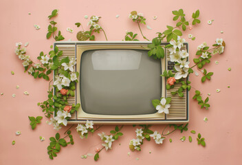 Vintage TV set with flowers growing against pastel peach background. Fresh television programme, springtime scheme background. - 753812651