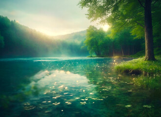 Misty Morning in the Enchanted Forest with Luminescence on the Lake 