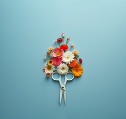 Flower arrangement with scissors on a pastel blue background. Springtime minimal template - 753812699