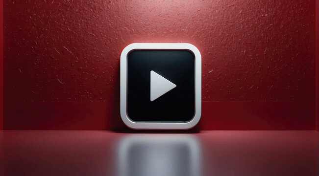 digital play button with arrow symbol in front of a red concrete wall as a background