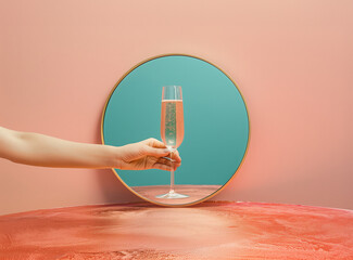 Hand reaching for a champagne glass reflecting in a mirror. Virtual drinking friends, celebration background. - 753812800