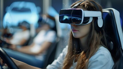 Girl Driving Virtual Reality Car in Urban Simulator - obrazy, fototapety, plakaty