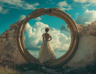 Bride in a white dress standing next to destroyed wall and circular window frame. Absurd war background. - 753813034