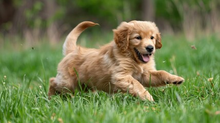 Golden retriever puppy playing in a grassy field