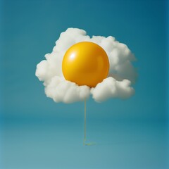 Egg yolk and whites association with a yellow ballon and white cloud. Joy of eating background - 753813221