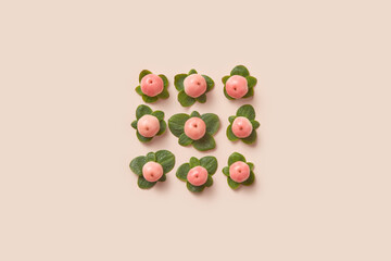 Sweet paradise apples with leaves arranged in square shape