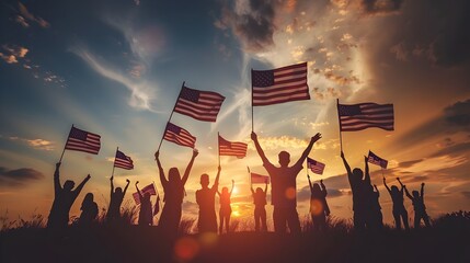 Joyful Americans Holding Flags at Sunset, To convey a sense of community, unity, and patriotism through a joyful and colorful sunset scene with - obrazy, fototapety, plakaty