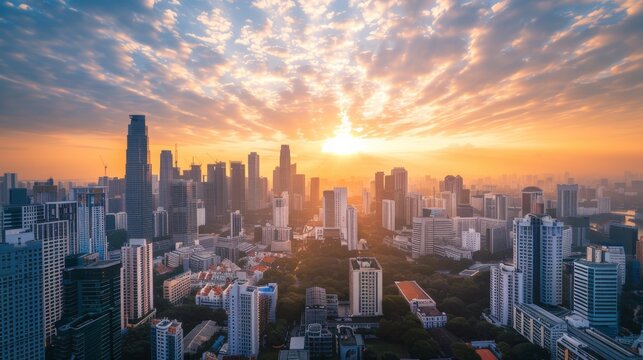 Golden hour cityscape with dramatic sky